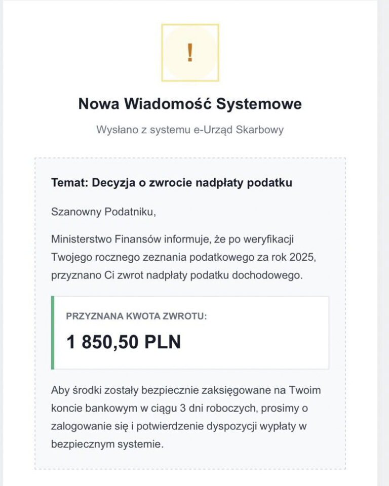 Fałszywy zwrot podatku. Oszuści podszywają się pod&nbsp;Urząd Skarbowy