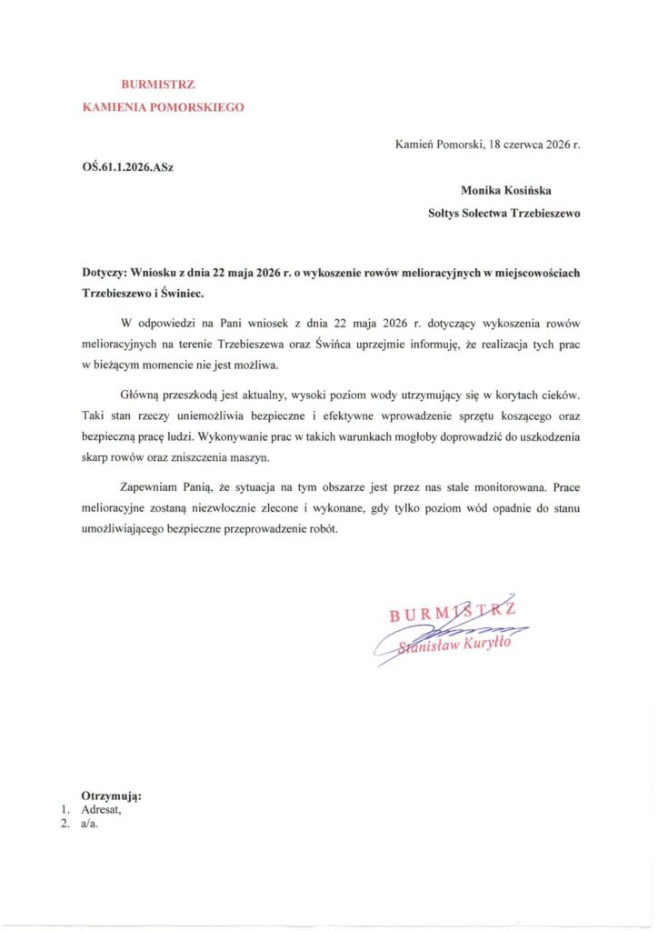 Rowy melioracyjne w Trzebieszewie i Świńcu czekają na wykoszenie. Burmistrz wskazuje na wysoki poziom wody 2 odpo kuryly