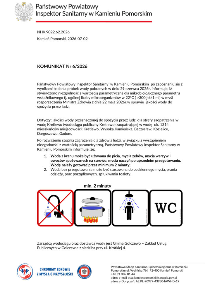 SUW Kretlewo: wczoraj „na razie czysto” jeszcze tylko jeden wynik, dziś przekroczona norma. Sanepid wydaje nowy Komunikat 1 Komunikat nr 62026 1 1