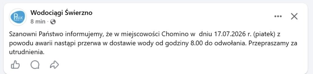 To już 44. komunikat Wodociągów Świerzno. Druga przerwa w Chominie w tym tygodniu 1 chomino