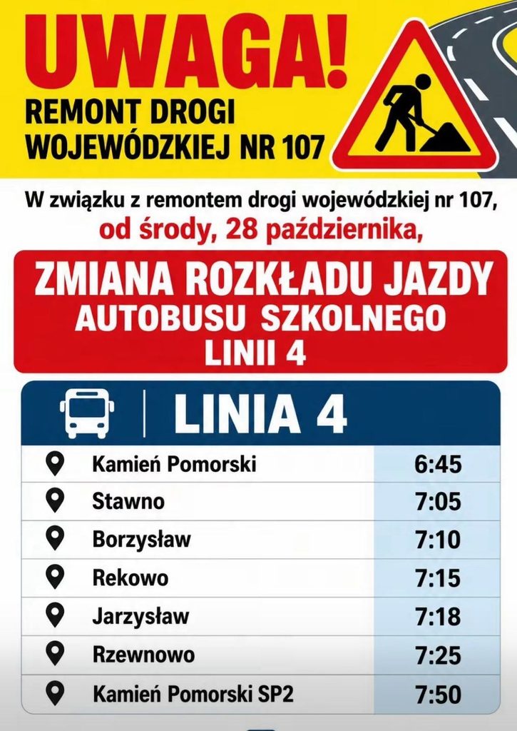 Remont drogi wojewódzkiej nr 107. Zmiana rozkładu jazdy autobusu szkolnego linii 4 1 866383824 1006459299157315 7052367477547979144 n